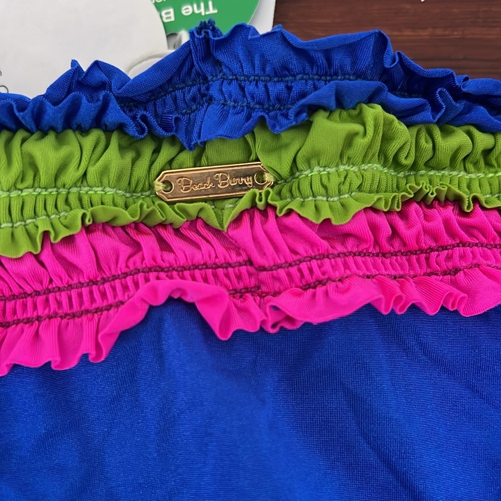 Adorable Blue with Green and Pink Ruffles Bikini Gold Hardware NWT S - Picture 11 of 12